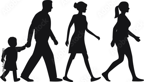 Silhouette of a family walking together with a father mother and two daughters holding hands in black | editable eps vectors