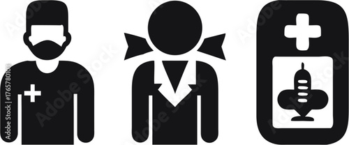 Three icons depicting a doctor with a mask, a woman with a bow, and a medical device symbol icon | editable eps vectors silhouette