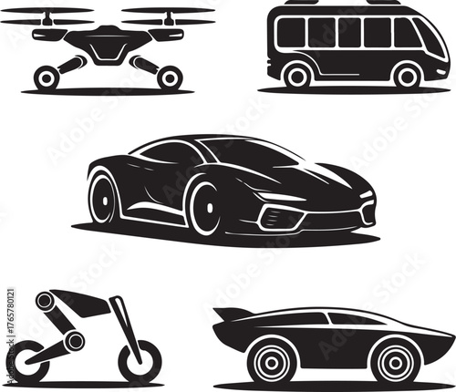 Set of five black silhouette vector icons drone bus sports car motorcycle quadcopter aerial vehicle