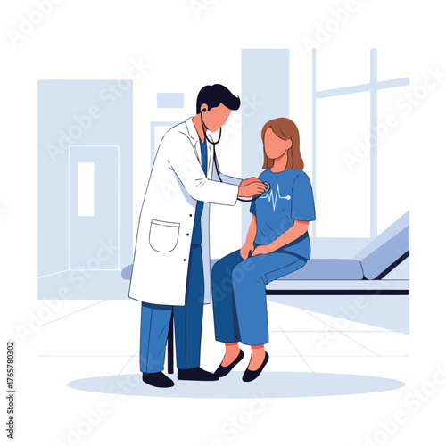Flat 2D vector illustration of a doctor examining a female patient in a clinical setting with a stethoscope and a calm mood.