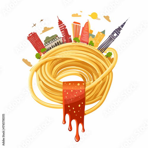 Whimsical Illustration of Spaghetti with Cityscape Silhouette Topping on White Background, Italian Cuisine, Yellow Pasta, Orange Sauce, Cultural Icon