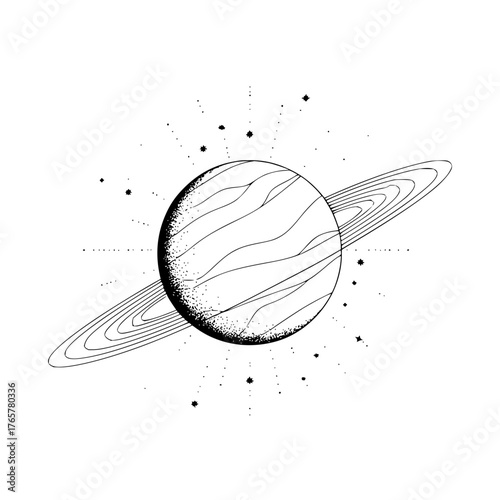 Illustration of a planet with rings and stars in a black and white minimalist line art style design