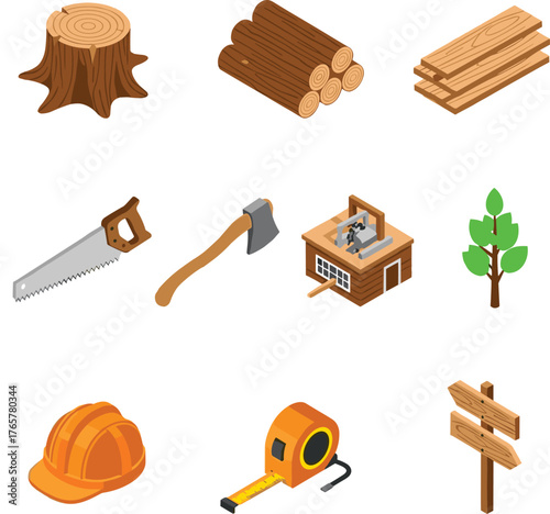 Isometric Woodworking, Lumber, and Forestry Tools Icons Vector SetIsometric Woodworking, Lumber, and Forestry Tools Icons Vector Set