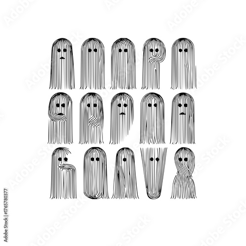 A collection of fifteen stylized ghosts with unique line patterns in a grid formation on white background