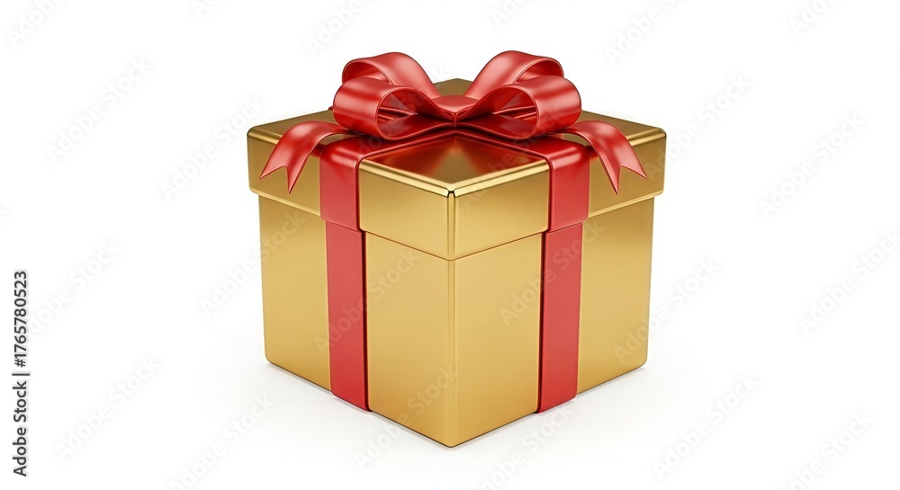 Fototapeta premium Sleek golden gift with vibrant red bow offers luxury and joyful anticipation