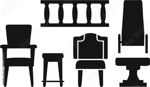 Illustration of various furniture items including chairs stool and a decorative balustrade in silhouette | editable eps vectors