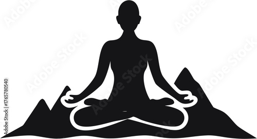Silhouette of a person in lotus position meditating on a mountain range with a white background image | editable eps vectors