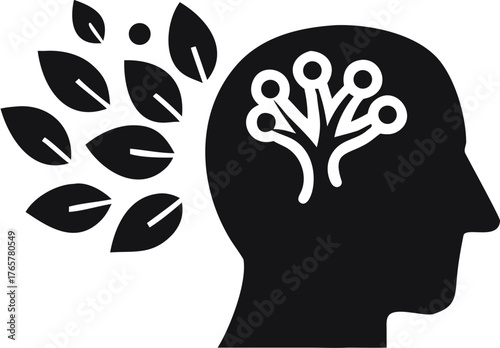 Silhouette of a head with leaves and a tree like structure inside symbolizing growth and knowledge gain | editable eps vectors