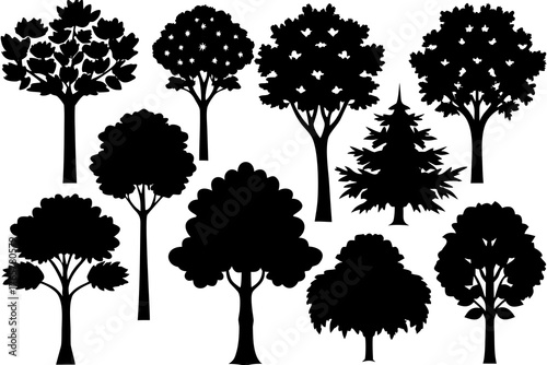 set of Tree Silhouette Vector Pack Isolated on White Background