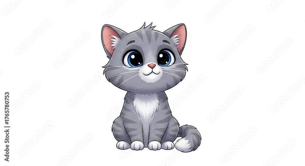 Fototapeta premium Adorable cartoon gray tabby kitten with big blue eyes sitting on white background