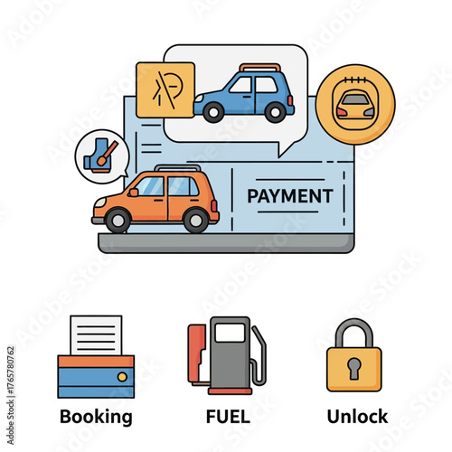 Illustration of car sharing service with booking, fuel, and unlock features.