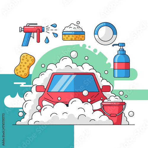 A vibrant illustration of a red car being thoroughly washed with soap suds and various cleaning tools.