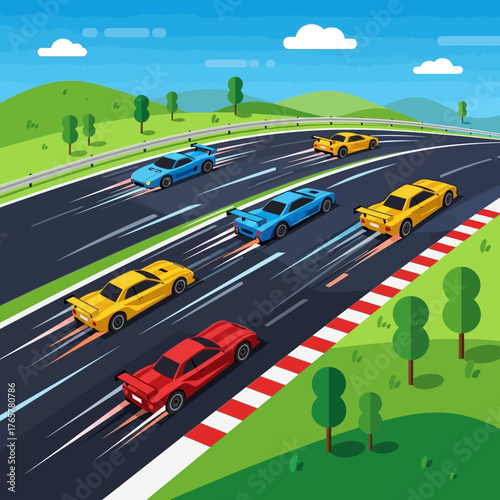A vibrant cartoon illustration of a car race with six colorful sports cars speeding on a track through green hills under a blue sky.