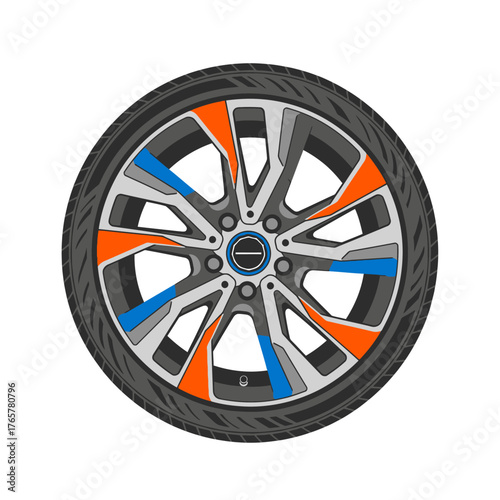 A detailed illustration of a car wheel with a silver rim and orange and blue accents on the spokes.