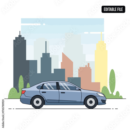 Blue sedan car driving on a street with a modern city skyline in the background, flat vector illustration.