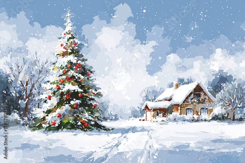 Snow-covered landscape featuring a beautifully decorated Christmas tree beside a cozy house, creating a festive winter scene with a serene atmosphere and soft snowfall