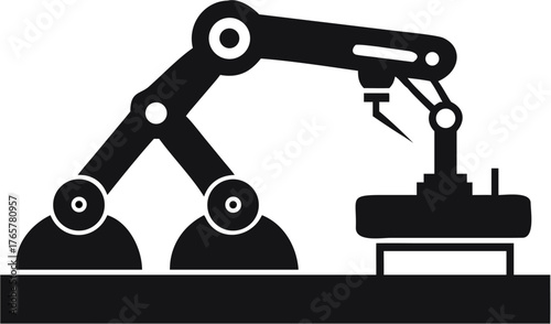 Illustration of a black industrial robot arm with multiple joints and a gripper working on an object on a base | editable eps vectors silhouette