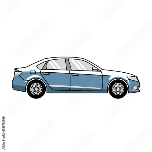 Side view illustration of a modern blue and white sedan car.