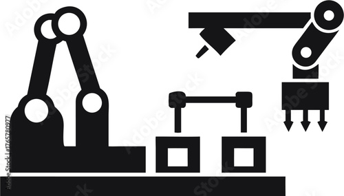 Illustration of two industrial robotic arms working on a production line with square components shown | editable eps vectors silhouette