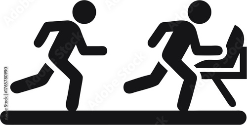 Illustration of two stick figures running on a treadmill with one figure using a laptop computer | editable eps vectors silhouette