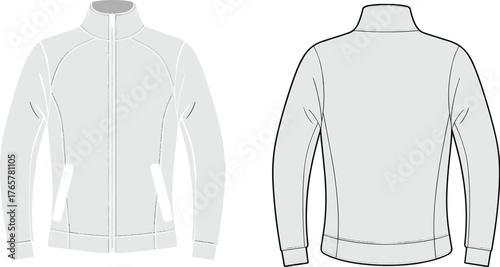 Technical jacket flat sketch, front and back view, fashion design template, garment construction, apparel illustration, zip-up outerwear, vector drawing