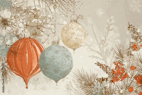 Colorful decorative ornaments in red, blue, and gold hang among pine branches and winter foliage, creating a festive atmosphere for holiday celebrations and seasonal decor