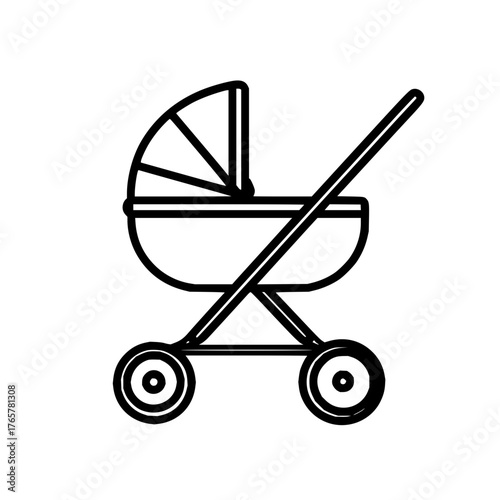 Illustration of a baby stroller with a curved hood and four wheels in a simple line drawing style