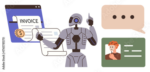 Humanoid robot handling invoices, interacting with user profile, and responding to chat bubbles. Ideal for automation, technology, AI, finance, communication innovation efficiency. Simple flat
