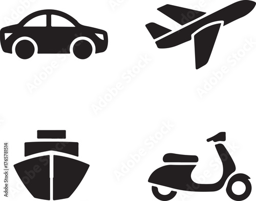Set of four black minimalist vehicle icons car airplane ship scooter car icon airplane icon