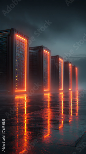 server racks glow in darkness, highlighting futuristic data centers, digital infrastructure, and the energy of modern technology in an immersive, high-tech scene