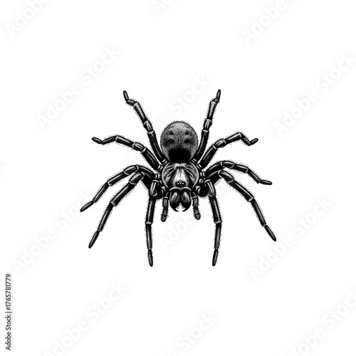 Detailed black spider illustration, venomous creature, eight legs, arachnid vector graphic on white background