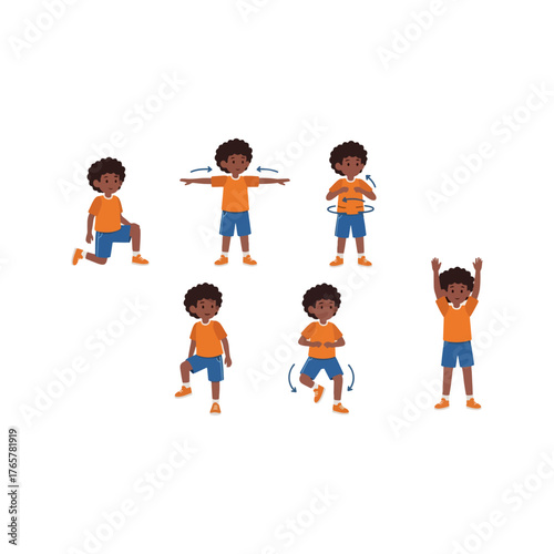 Little boy exercising, a set of six different warm-up movements for kids fitness
