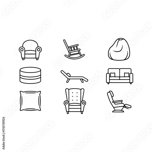 Modern home furniture and seating icon collection, line art style, comfortable living room elements