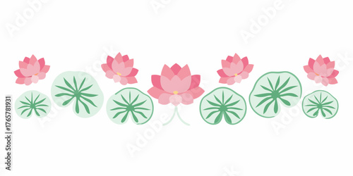 A horizontal border of pink lotus flowers and green lily pads on a white background