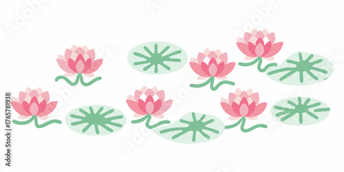 A charming collection of stylized pink water lilies and green lily pads on a white background