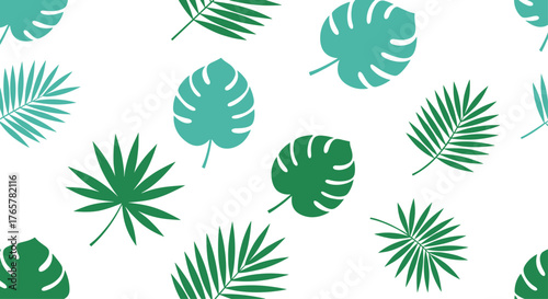 Fresh tropical vibe with this seamless monstera and palm leaves pattern, perfect for summer designs, wall art, and vibrant textile prints
