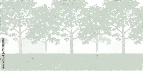 Minimalist illustration of a row of trees with light green foliage and textured grass against a white background