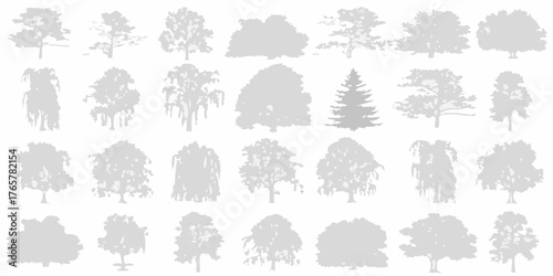 Collection of diverse tree silhouettes in light gray on a white background