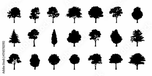 Collection of diverse black tree silhouettes isolated on a white background for design elements
