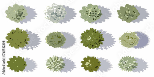 Collection of twelve stylized green trees viewed from directly above with soft shadows on a white background