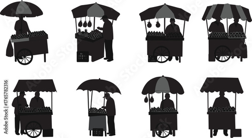 Street vendor cart silhouettes, canopy market vector, fruit stand illustration, black graphic, outdoor commerce scene, people selling produce, urban trade concept