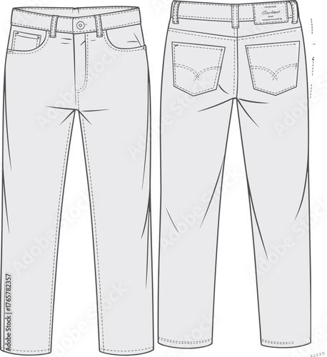 Technical jeans sketch, fashion blueprint, denim design, garment construction, front and back view, straight-leg pants, apparel manufacturing illustration