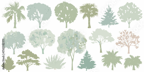 Collection of stylized tree silhouettes in various pastel green and muted earthy tones