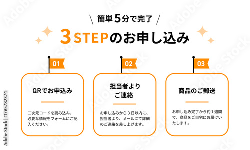 オレンジを基調とした旗デザイン付きの3STEPお申し込み案内テンプレート｜QRコードで完結する申し込みの流れを説明するランディングページ用デザイン素材