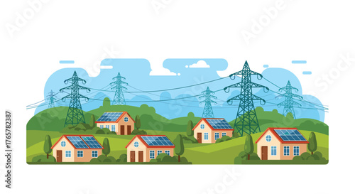 Sustainable living in a solar powered suburban community with green energy and powerlines overhead, promoting eco-friendly homes and renewable resources