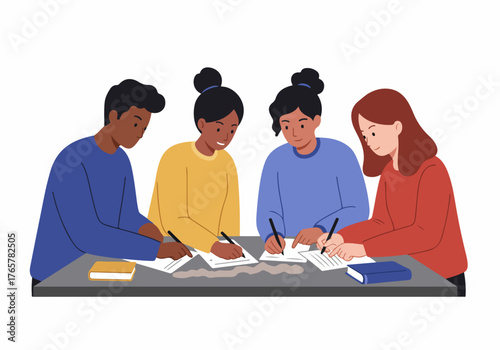 Diverse group of young students collaborating and writing at a desk, focused on learning and education.