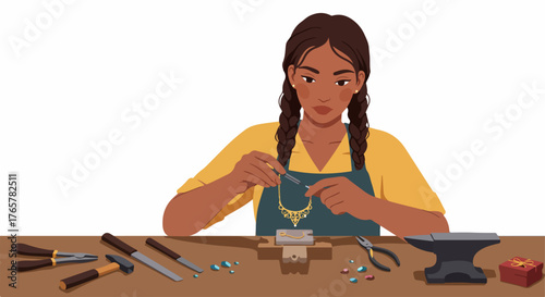 Skilled jeweler creating a custom gold necklace, meticulously placing gemstones on the workbench, surrounded by professional crafting tools.