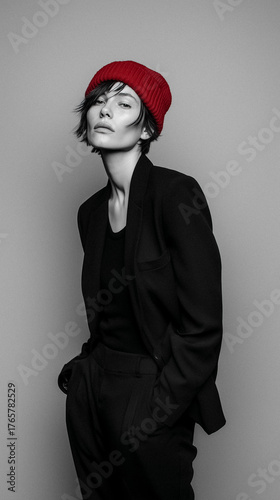 Abstract minimal studio portrait highlighting black and gray fashion concept with soft light and expressive emotion, focusing on silhouette balance and introspective composition