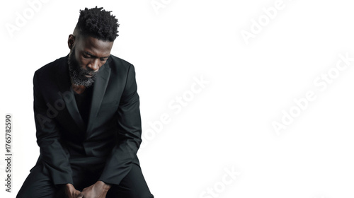 Minimal studio portrait showing a black fashion concept figure illuminated by soft gray light, expressing subtle emotion and calm silhouette atmosphere in a clean visual composition