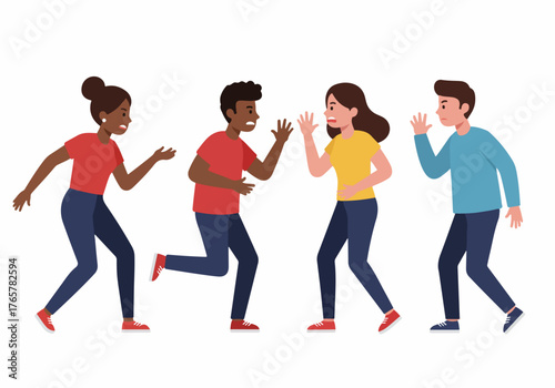 Vector illustration of diverse young people engaged in a loud, stressful group argument and conflict.